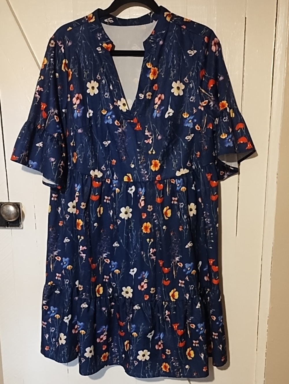 SHEIN Navy Floral V‑Neck Midi Dress Size OX XL-1X EUC Babydoll Style
